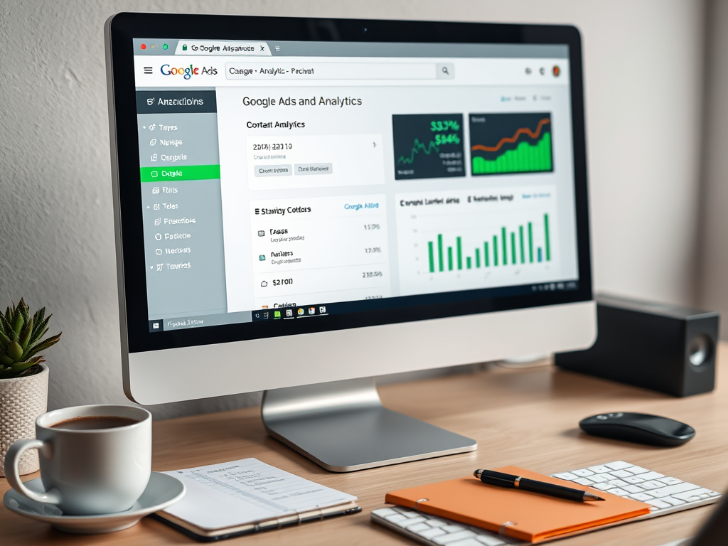 На экране монитора открыты Google Ads и аналитика, рядом чашка кофе и блокнот на столе.