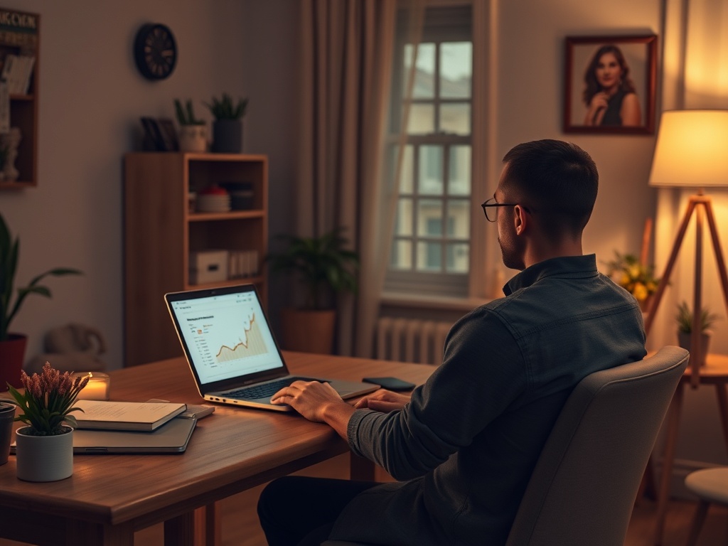 Мужчина сидит за столом и работает на ноутбуке в уютной комнате с живыми растениями.