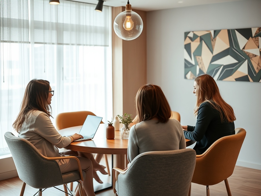 На встрече три женщины обсуждают идеи за круглым столом в уютном офисе.