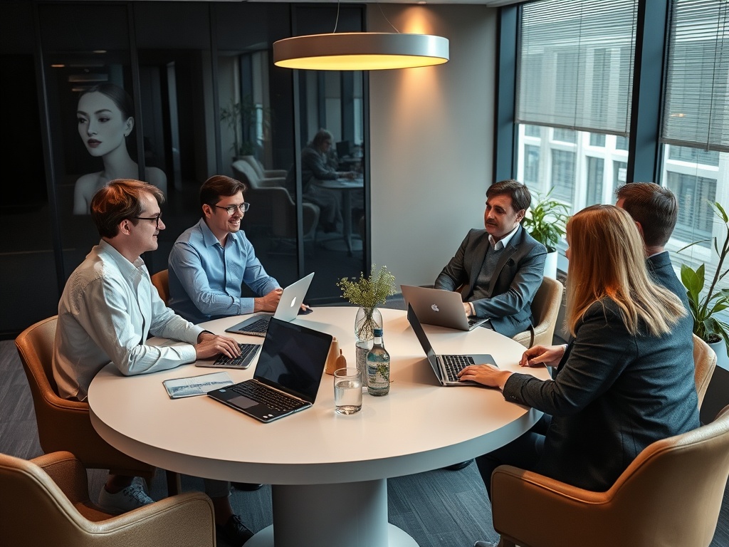 Шестеро людей за круглым столом ведут деловую беседу в современном офисе. На столе ноутбуки и вода.