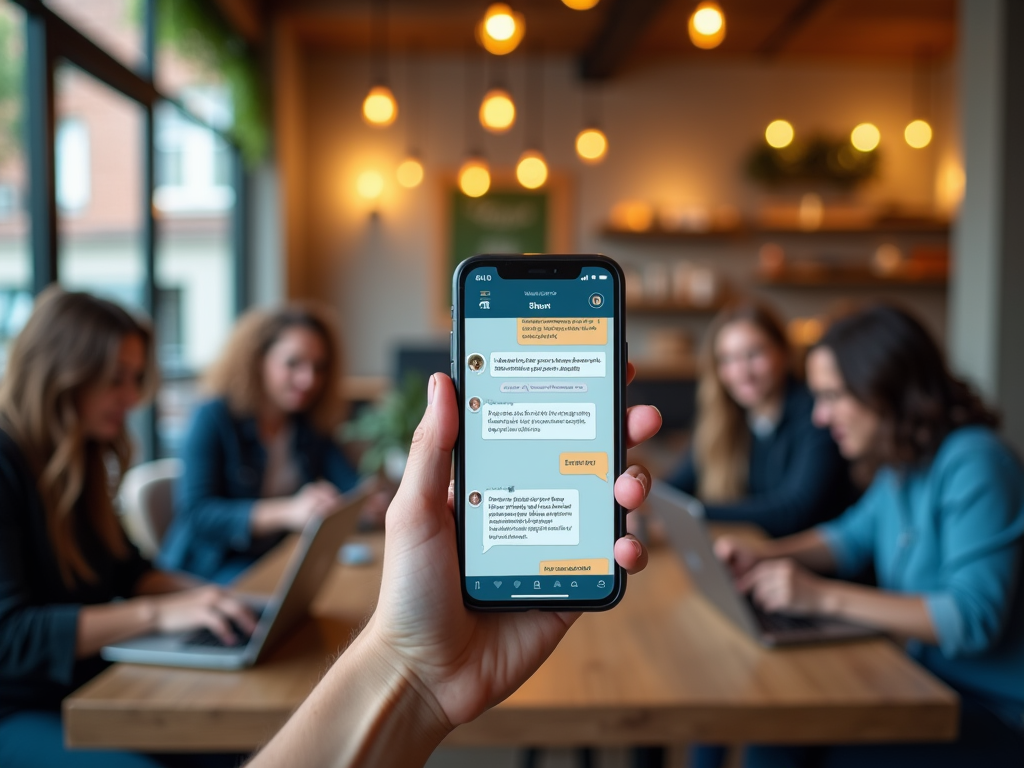 Рука держит смартфон с открытым чатом на фоне трех работающих женщин в кафе.