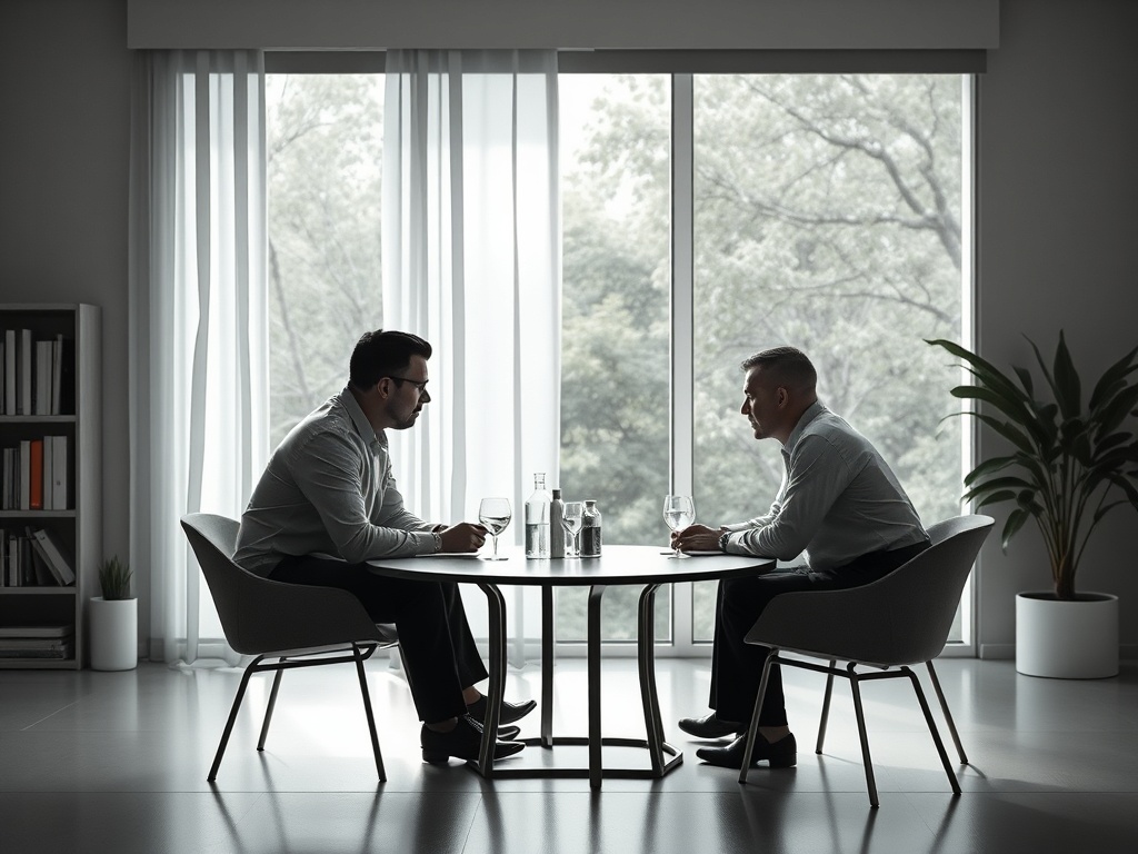 Два человека сидят за столом, общаясь, с бокалами вина и бутылками на столе, за окном вид на природу.