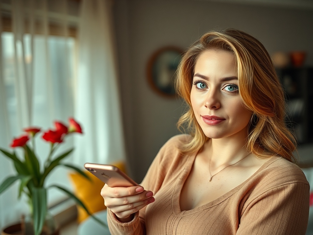 Женщина с длинными светлыми волосами держит телефон, на фоне окон и цветков в комнате.