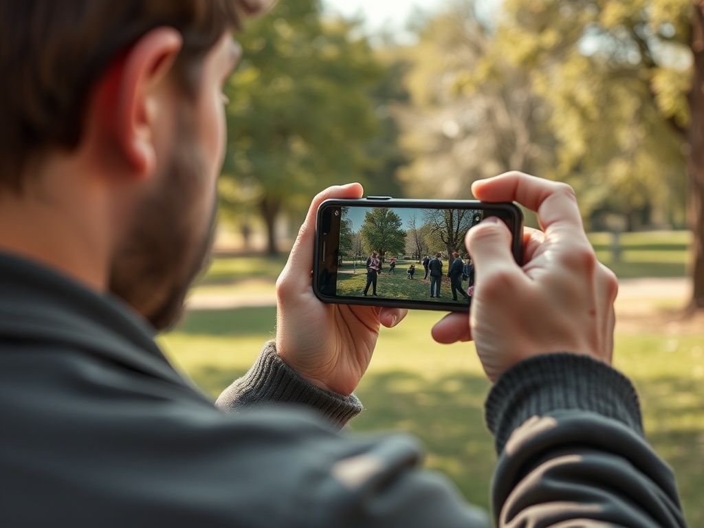 Человек фотографирует группу людей в парке с помощью смартфона, наслаждаясь временем на улице.