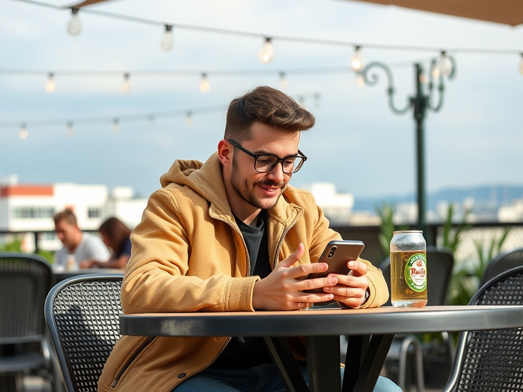 Молодой человек в кофейне сидит за столом, держит телефон и улыбается. На столе стоит банка напитка.