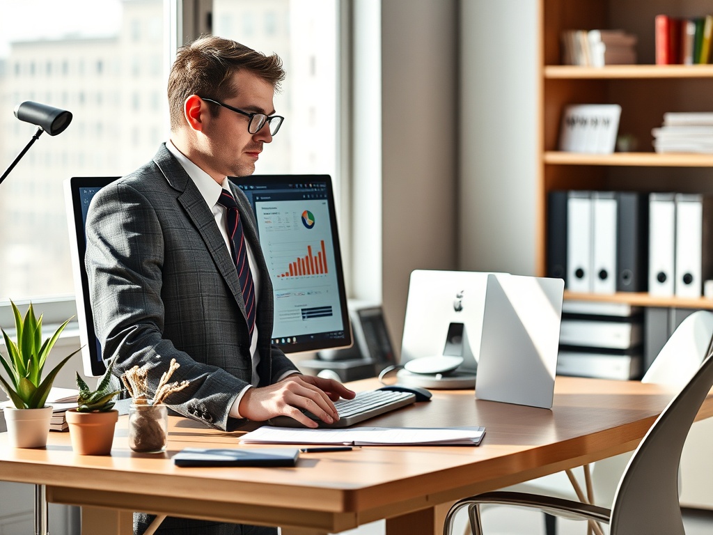 Мужчина в деловом костюме работает за ноутбуком в офисе, окружённый растениями и документооборотом.