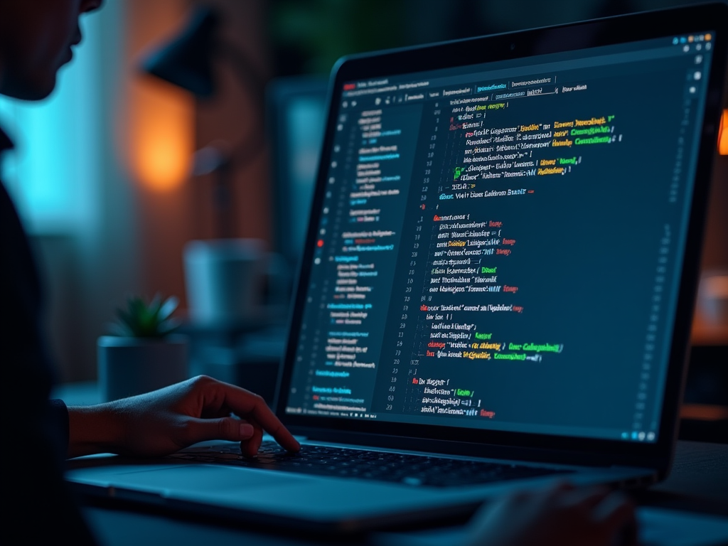 Человек работает на ноутбуке, на экране открыт код программы, окружение приглушенно освещено.