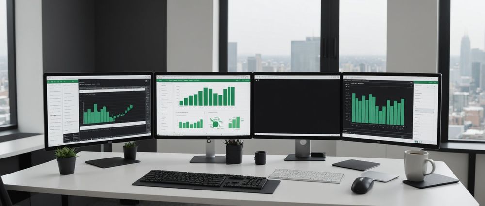 Офисное рабочее место с четырьмя мониторами, на которых отображаются графики и данные.